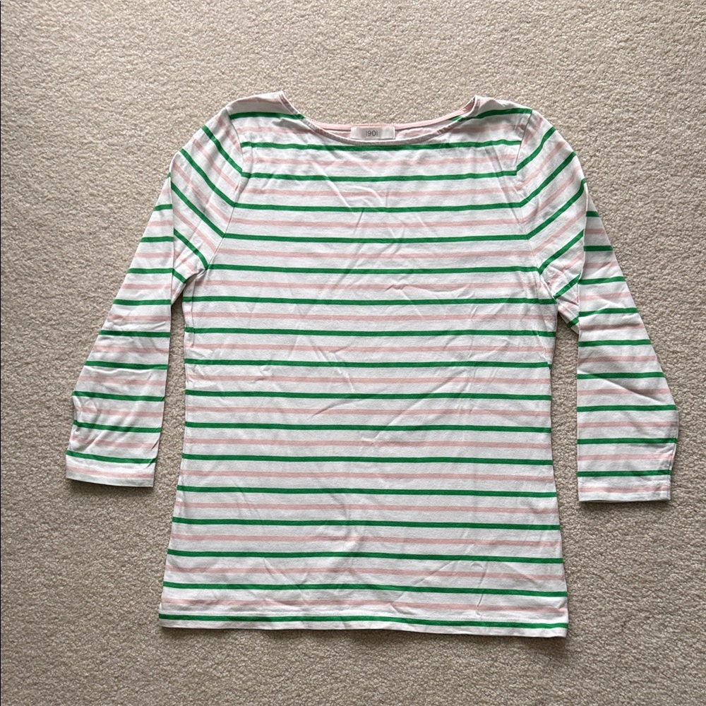 1901 Pink and Green Striped CottonT-Shirt 3/4 Sleeve Size L